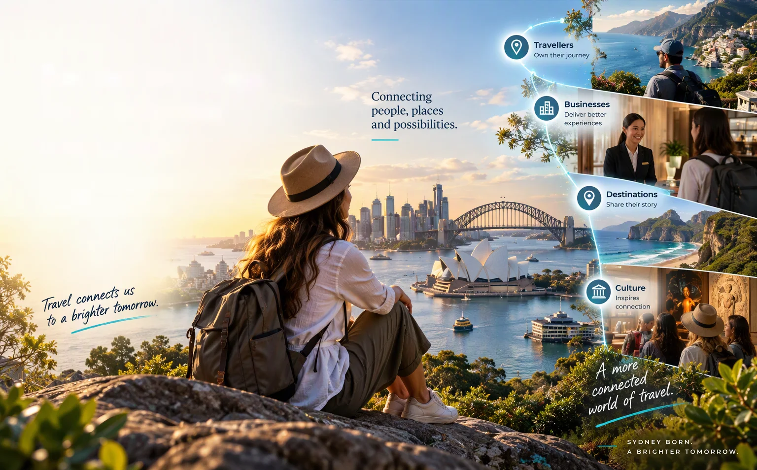 A traveller in a straw hat looking out over Sydney Harbour, the Opera House and the Harbour Bridge at sunrise