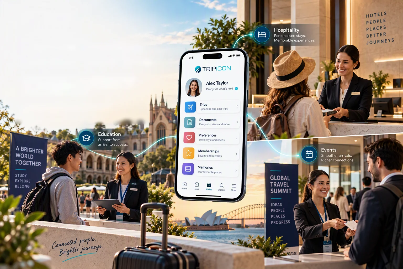 Travellers being welcomed at a university, a hotel front desk and a conference registration desk in Sydney, each connected to a Tripicon travel wallet on a phone