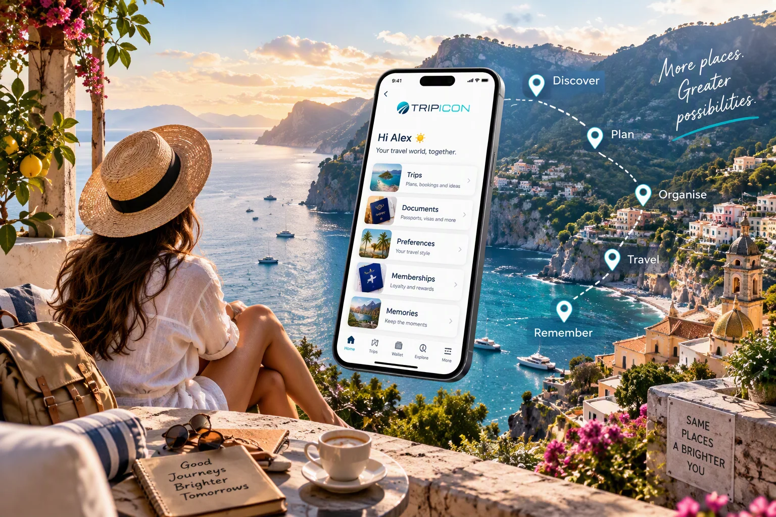 A traveller in a straw hat on a terrace above the Amalfi coast, with the Tripicon Travel Wallet open on a phone and the route Discover, Plan, Organise, Travel, Remember marked across the bay