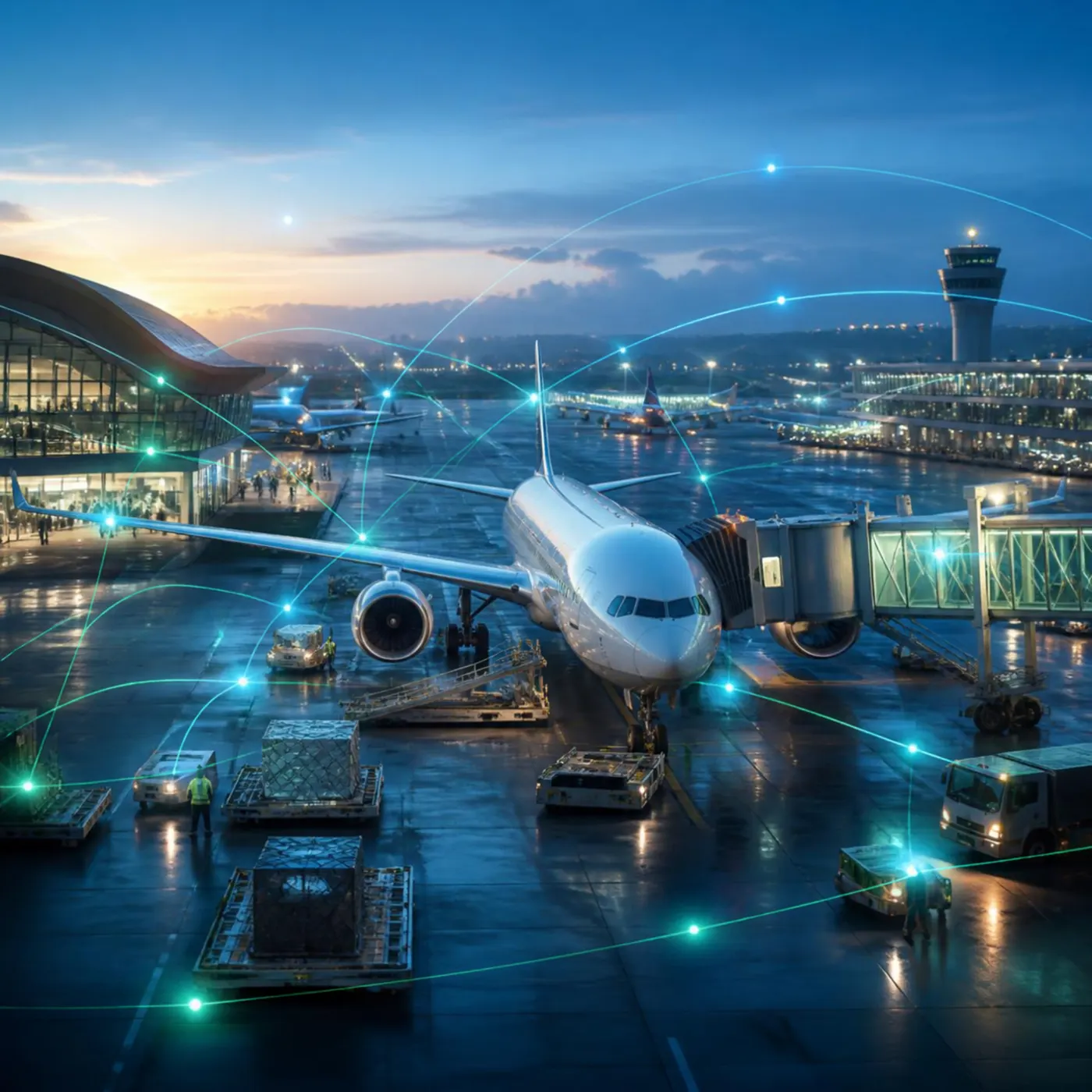 An aircraft at an airport gate at dusk