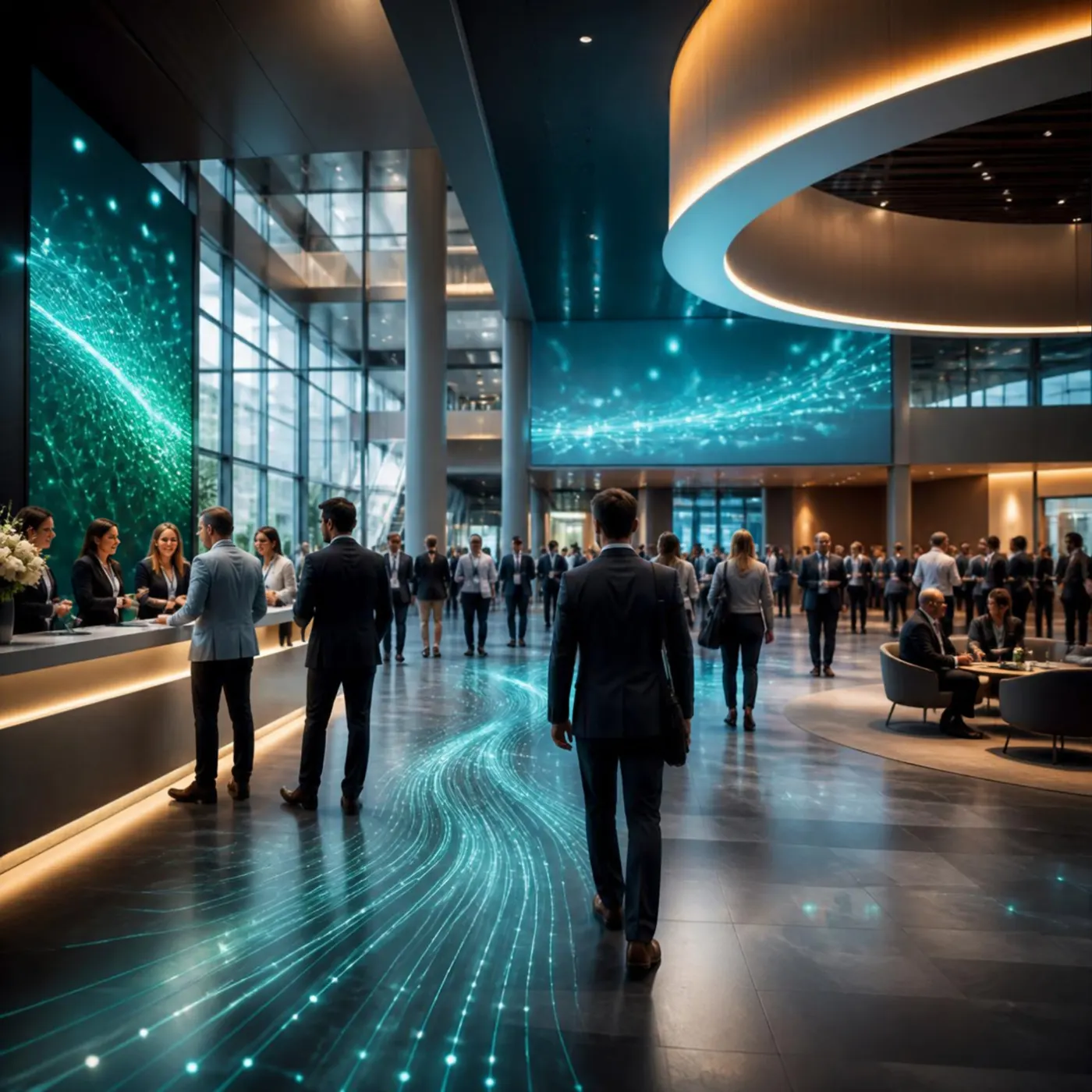 Delegates arriving in a conference venue foyer