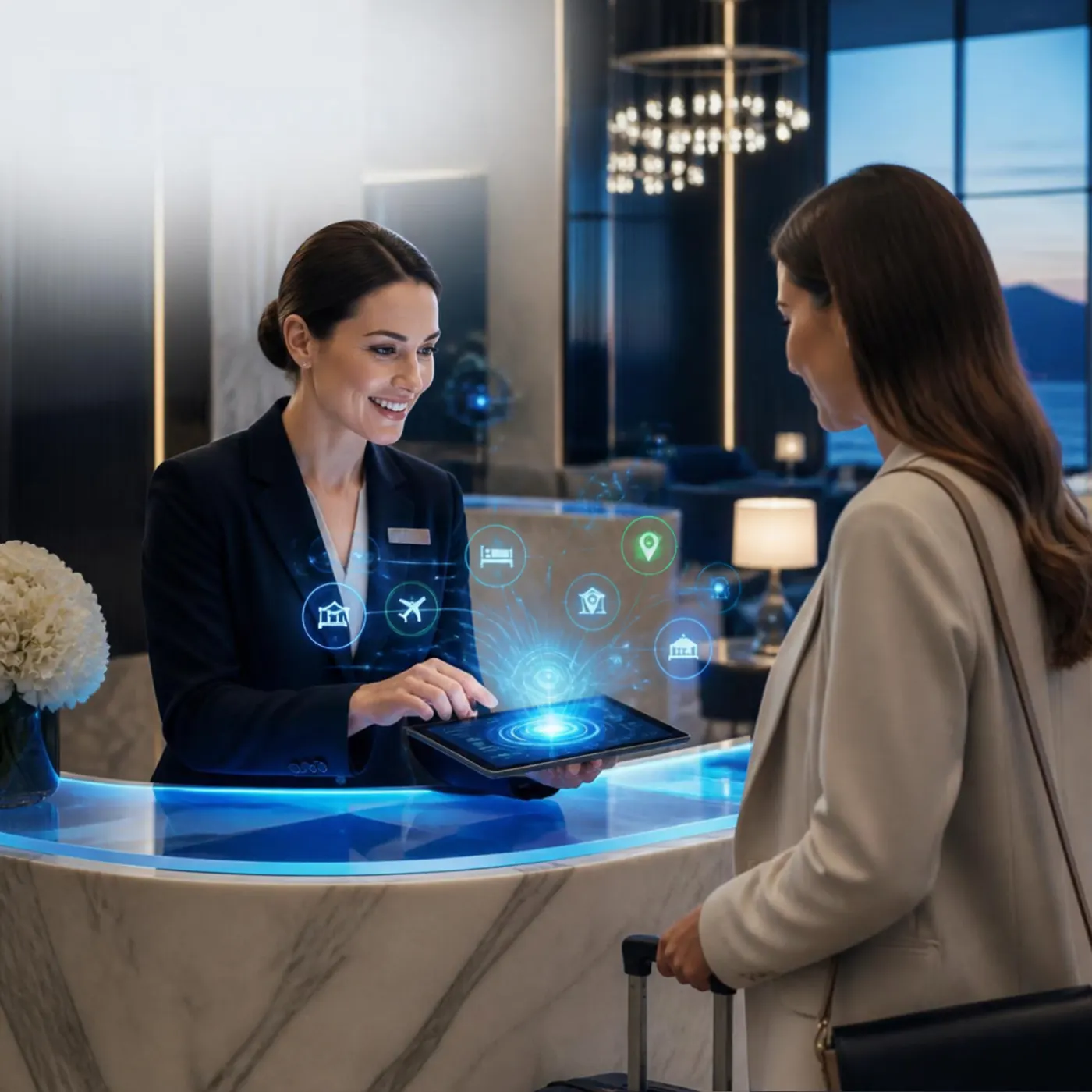A concierge welcoming a guest at a hotel desk