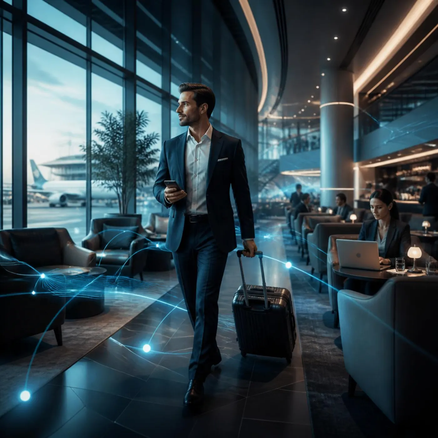 A business traveller walking through an airport lounge