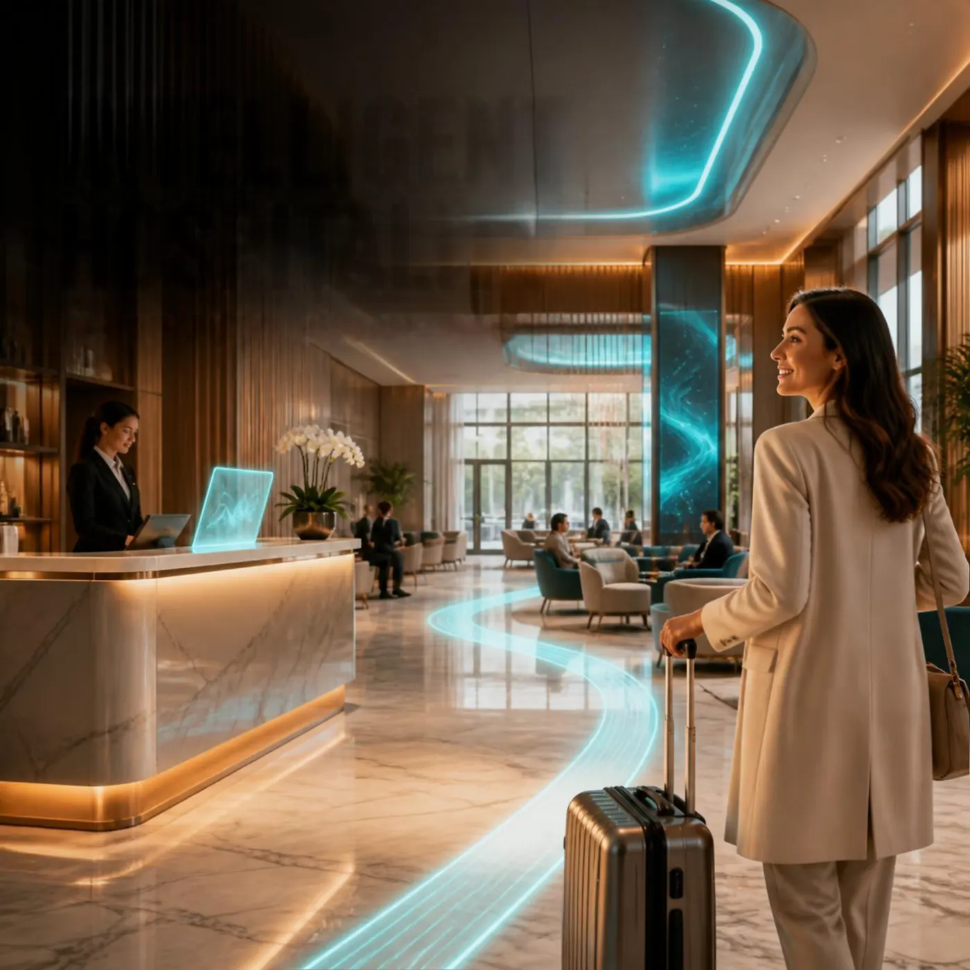 A guest with a suitcase arriving in a hotel lobby